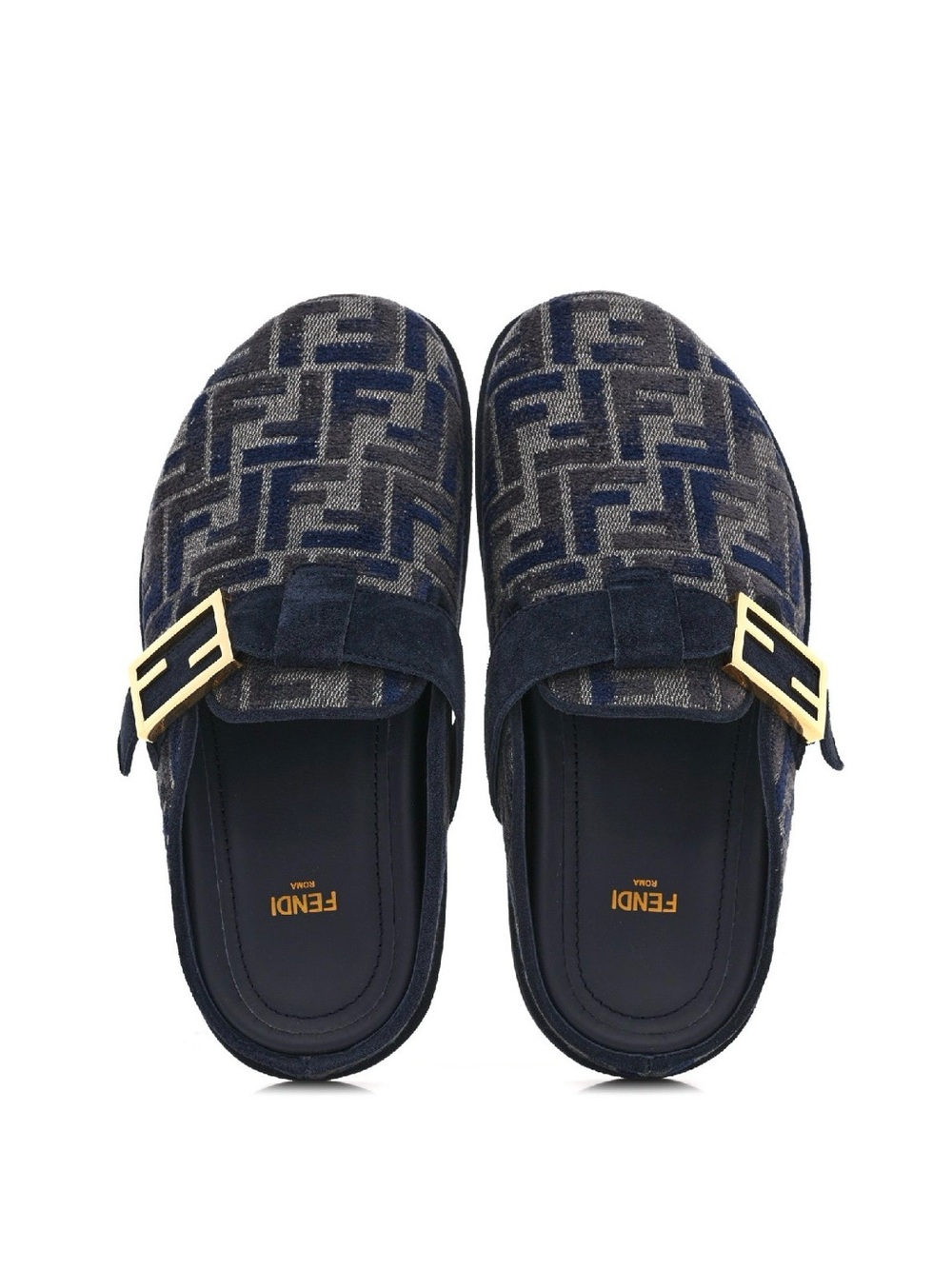 Fendi Navy and Gray FF Jacquard Mule Slides with Gold Buckle